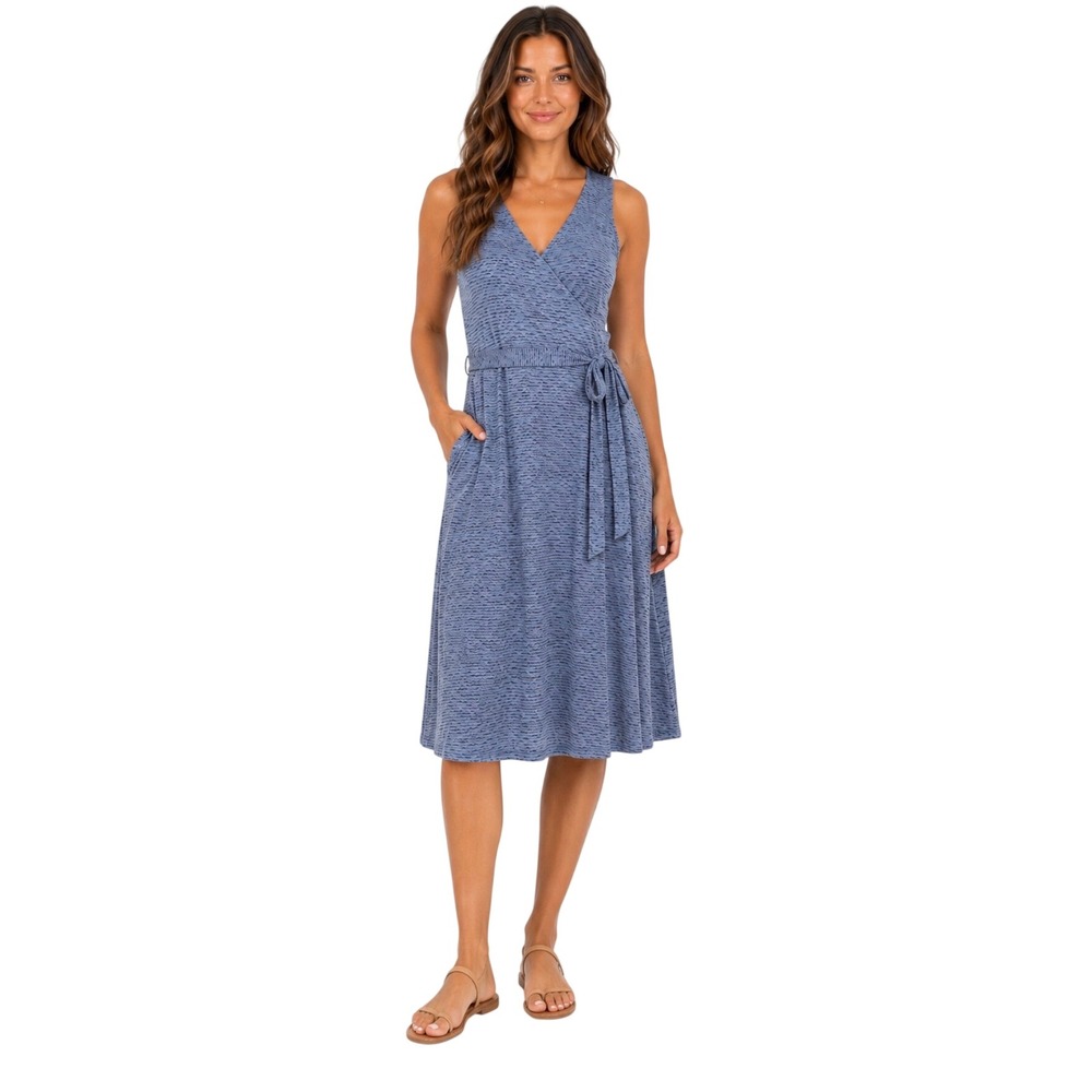 Toad&Co Rosemarie Dress Blue Stripe Organic Cotton Tencel Sleeveless Faux Wrap L